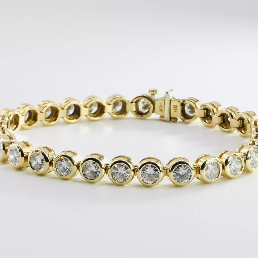 14K Yellow Gold Natural Diamond Tennis Bracelet Bezel Set